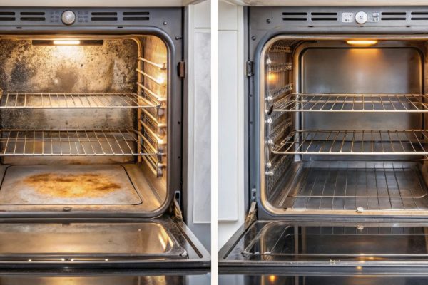 Comparison of a dirty and clean oven interior side by side, highlighting the difference in cleanliness , dirty, clean