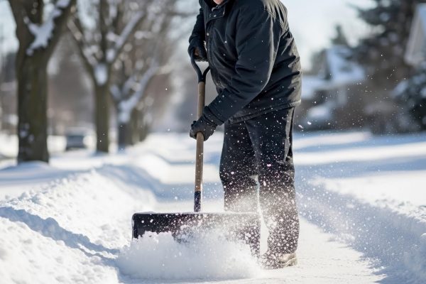 Person engaged in shovel clearing sidewalk after fresh winter snowfall. Man working diligently to remove white snow, ensuring path safety.